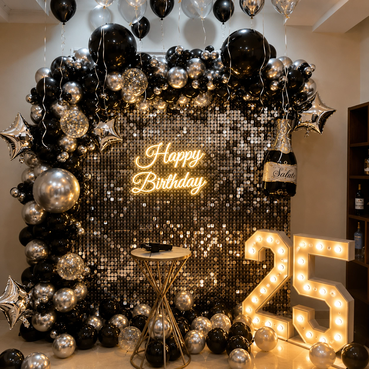 25th Birthday Black Silver Backdrop